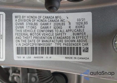 2021 Honda Civic Sport from USA, damaged, VIN 2HGFC2F81MH553897